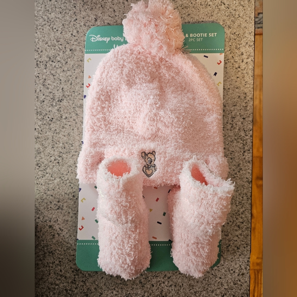Disney Baby Pink Fuzzy Pom Pom Hat and Bootie Set
